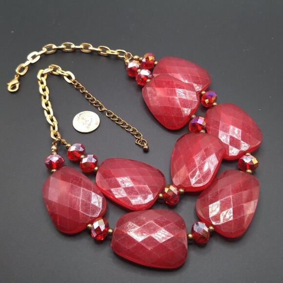 Red Large Bead Red Crystal Statement Necklace, Two Strands, 19 Inches - Picture 9 of 9